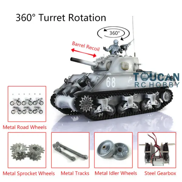 Henglong 1/16 Customized RC Tank 7.0 M4A3 Sherman Remote Control Tank 3898 Barrel Recoil 360Degrees Rotating Turret Metal Road Wheels