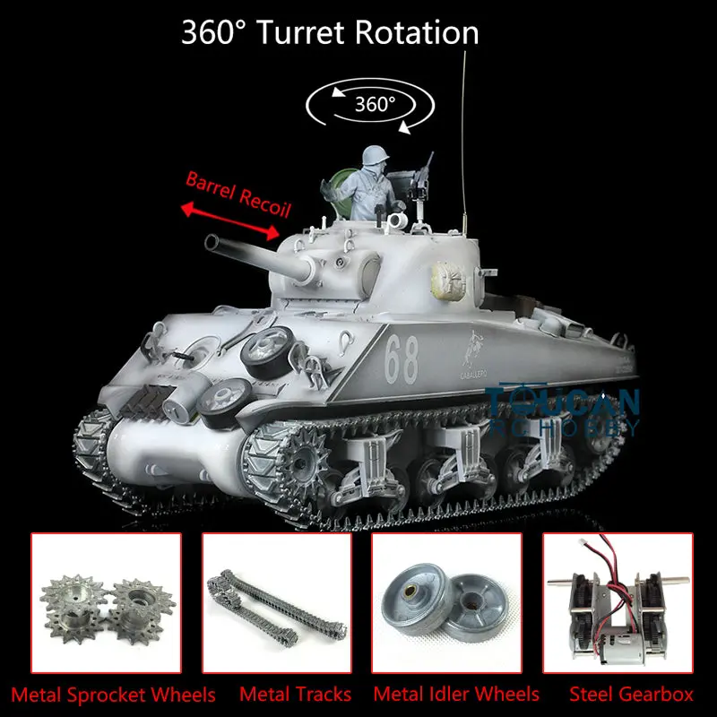 Henglong 1/16 7.0 Upgraded M4A3 Sherman Radio Control Tank 3898 Barrel Recoil 360Degrees Rotating Turret BB Shooting Sound Effect