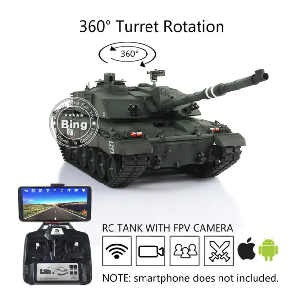 Henglong RTR 1/16 7.0 British Challenger II RC Tank FPV 3908 Model 360Degrees Turret BB Shooting Unit IR Battery Metal Tracks Wheels