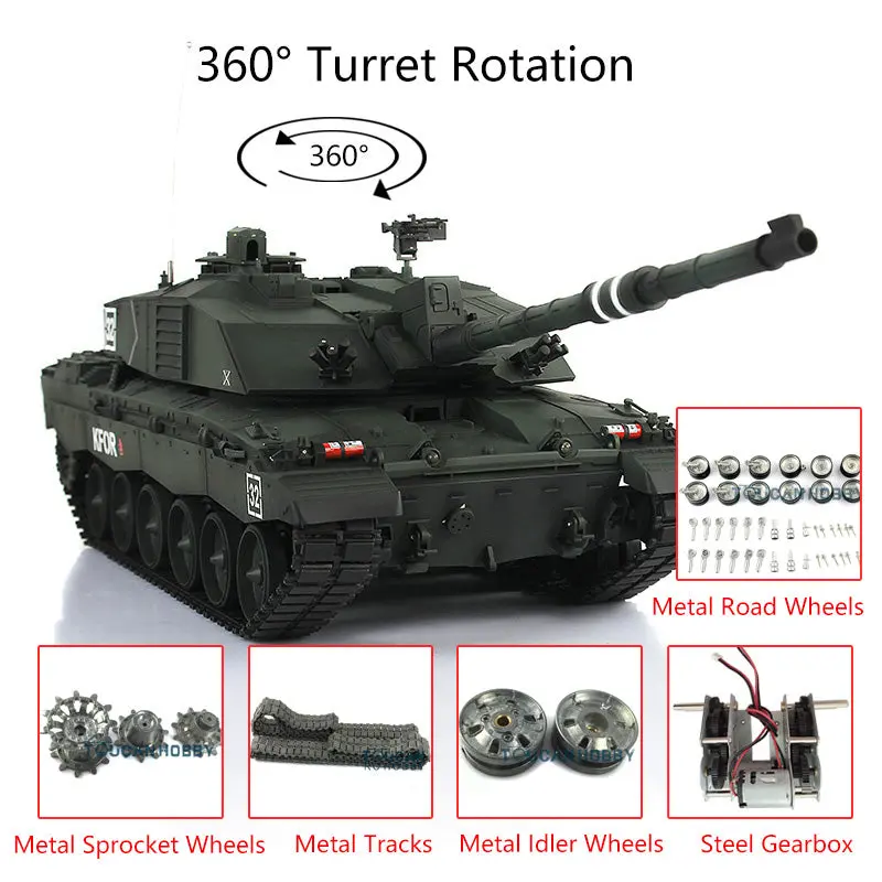 Henglong 7.0 1:16 Challenger II RTR RC Tank Model 3908 360Degrees Turret Steel Gearbox Metal Tracks Idlers Sprockets Road Wheels