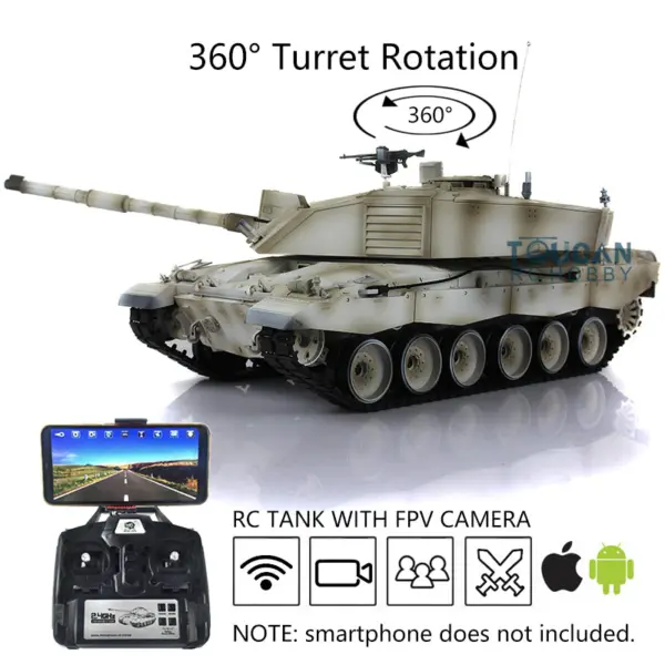 Henglong RTR 1/16 7.0 British Challenger II RC Tank FPV 3908 Model 360Degrees Turret BB Shooting Unit IR Battery Metal Tracks Wheels