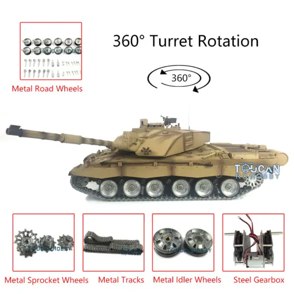 Henglong 7.0 1:16 Challenger II RTR RC Tank Model 3908 360Degrees Turret Steel Gearbox Metal Tracks Idlers Sprockets Road Wheels