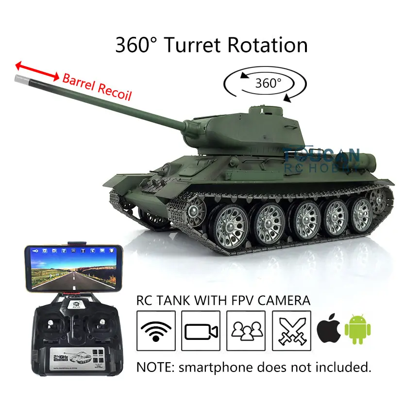 Henglong FPV 1/16 7.0 Soviet T34-85 360Degrees Turret RTR RC Tank 3909 Model Barrel Recoil Metal Tracks Wheels Sound Smoke