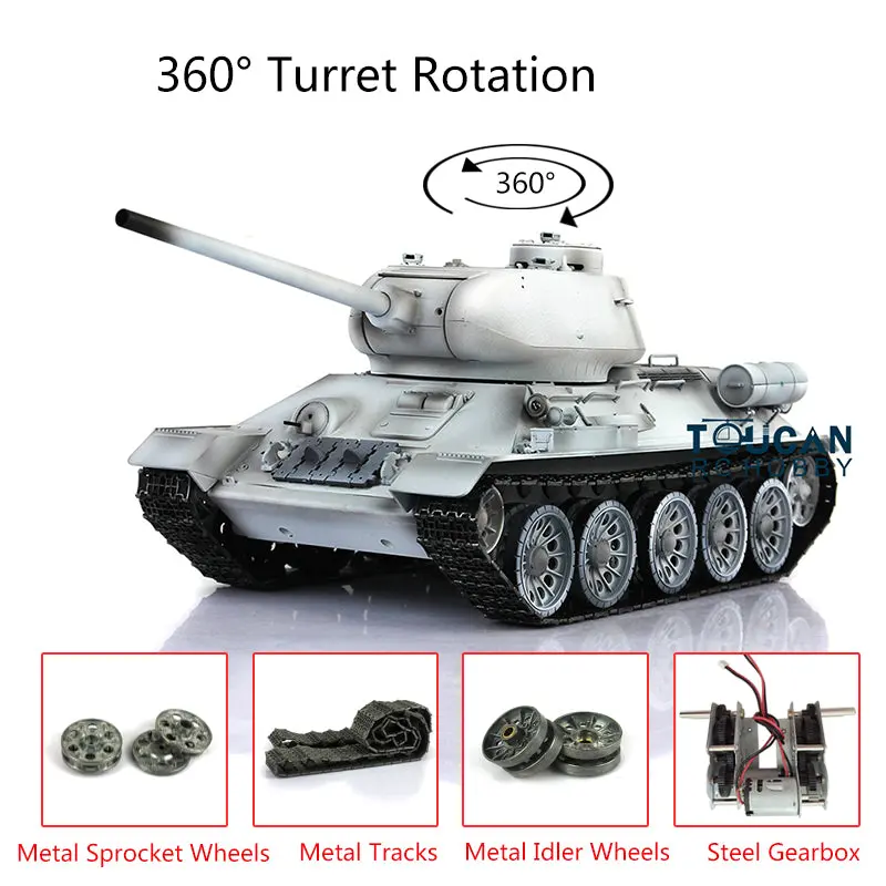 2.4Ghz Henglong 1:16 7.0 Upgraded Soviet T34-85 RTR RC Tank 3909 360Degrees Turret Electric Model Metal Tracks Sprockets