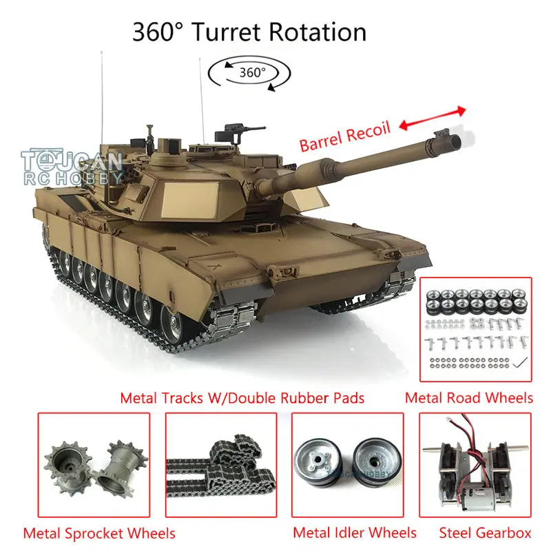 1/16 7.0 Henglong Abrams M1A2 RTR RC Tank 3918 360Degrees Turret Barrel Recoil Metal Tracks Wheels Rubber Pads Model
