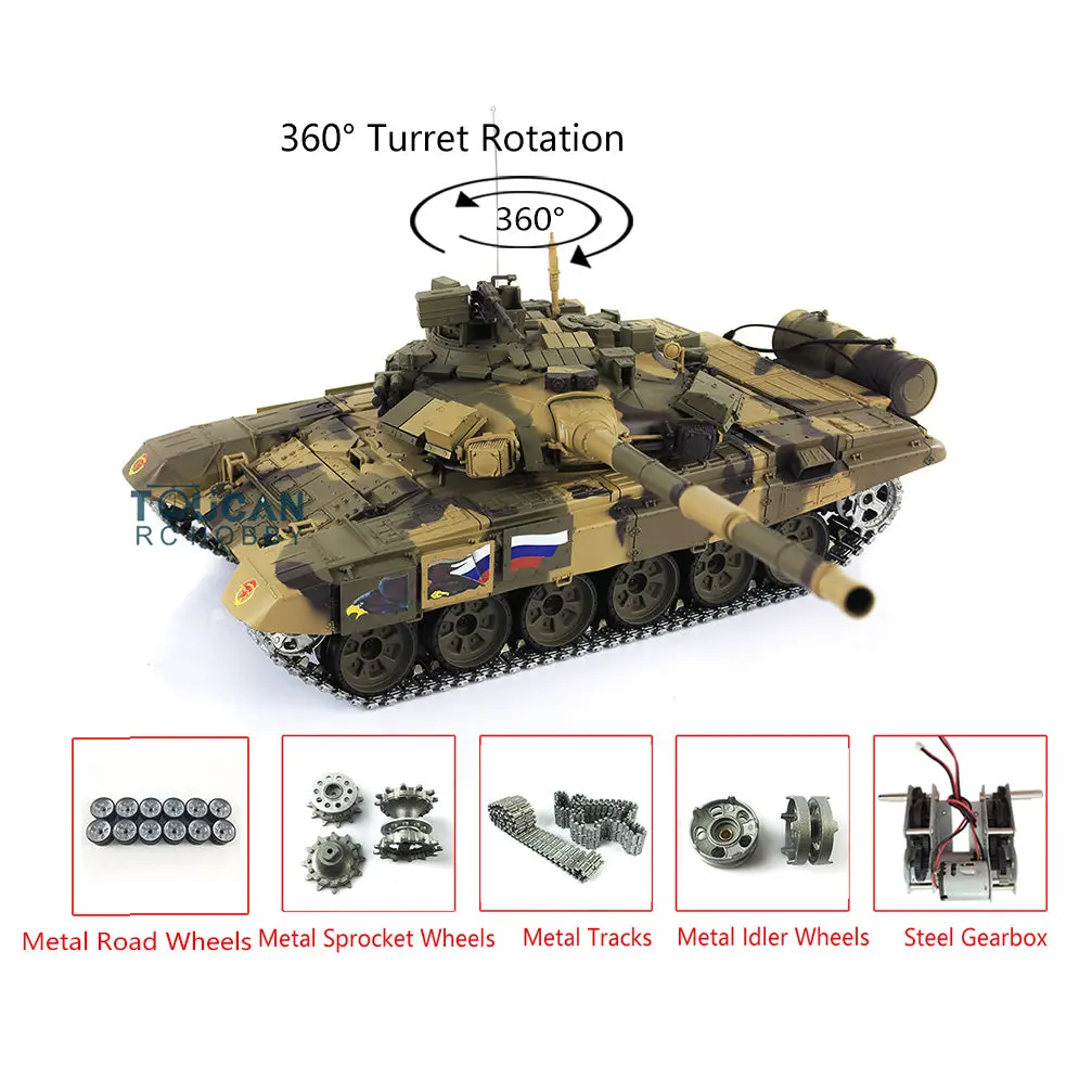 Henglong 7.0 Customized Russian T90 1/16 RC Tank RTR 3938 Model 360Degrees Turret Metal Tracks Wheels Steel Gearbox Speaker