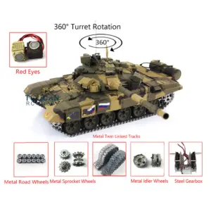 Henglong 1:16 Scale 7.0 Russian T90 RTR RC Tank Model 3938 360Degrees Turret Red Eyes Metal Tracks W/ Linkages Wheels Smoke Gearbox