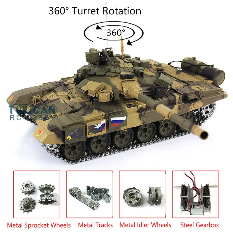 Henglong Russian T90 1/16 7.0 RTR RC Tank Model 3938 W/ 360Degrees Turret BB Shooting Unit IR Smoke Gearbox Radio Controller