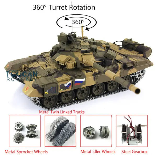 Henglong 7.0 Upgraded Russian T90 RTR 1:16 RC Tank Model 3938 W/ 360Degrees Turret Metal Tracks Linkages Idlers Sprockets