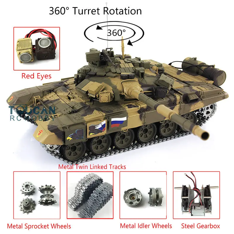 Henglong 2.4Ghz 1:16 7.0 Russian T90 RTR RC Tank 3938 Model W/ 360Degrees Turret Red Eyes Metal Tracks Linkages Idlers Sprockets