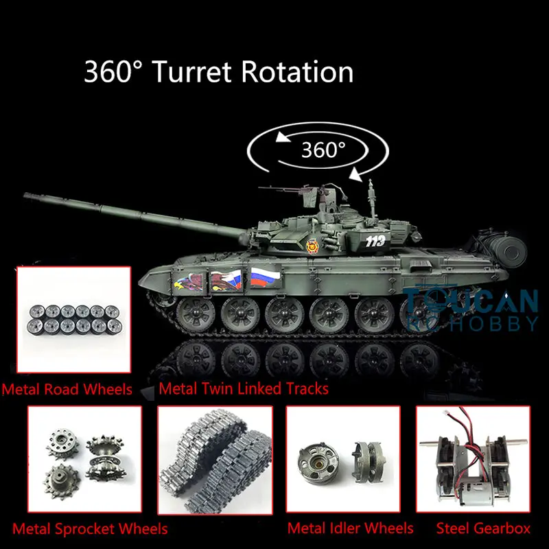 Henglong 7.0 Russian T90 1/16 RC Tank RTR 3938 Model 360Degrees Turret Metal Tracks W/ Linkages Wheels Steel Gearbox Battery Charger