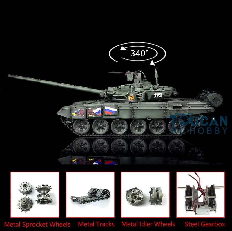 2.4Ghz Henglong Russian T90 1/16 Scale 7.0 RTR RC Tank Model 3938 340 Turret Metal Tracks Idlers Driving Wheels