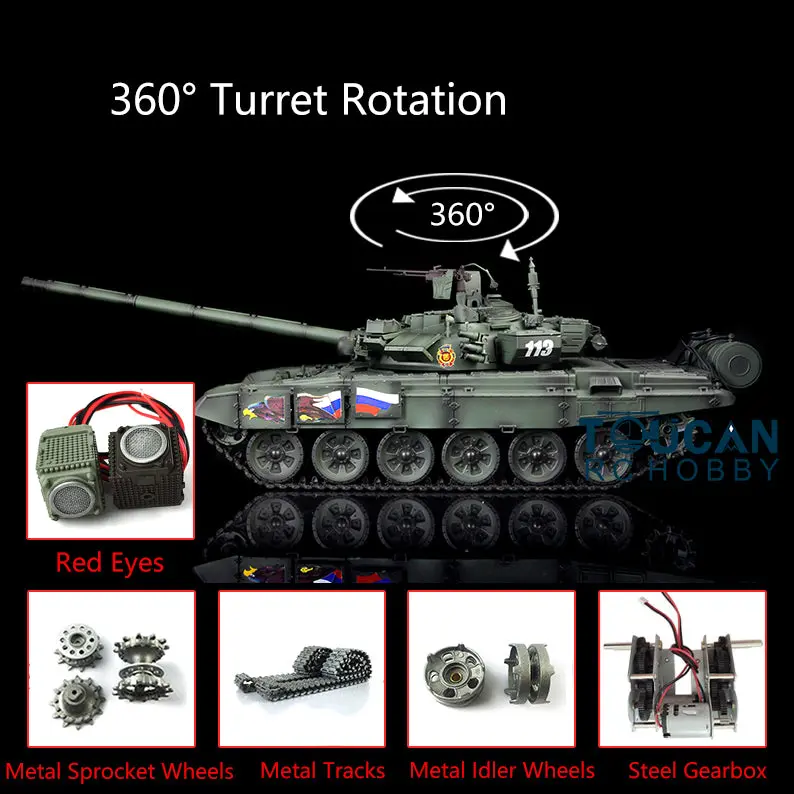2.4Ghz Henglong 1/16 7.0 Russian T90 RTR RC Tank Model 3938 W/ 360Degrees Turret Red Eyes Steel Gearbox Metal Tracks