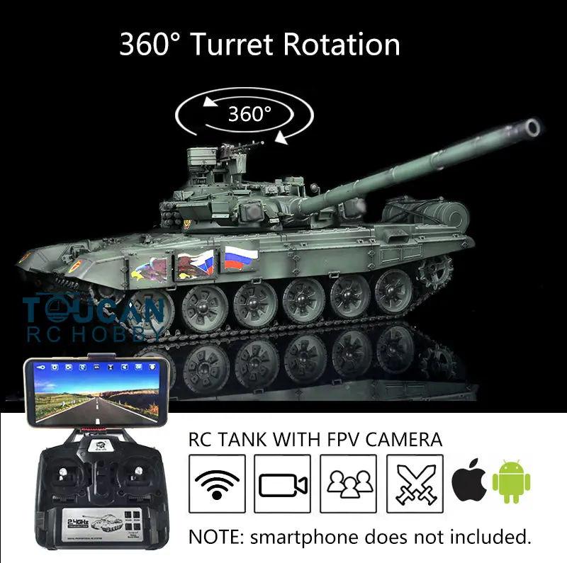 Henglong 7.0 1:16 Scale Russian T90 RTR RC Tank 3938 Model FPV 360Degrees Turret Steel Gearbox Plastic Return Rollers Wheels Tracks