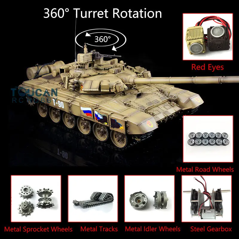 Henglong 2.4Ghz Russian T90 1/16 7.0 RTR RC Tank Model 3938 Red Eyes 360Degrees Turret Metal Tracks Idlers Sprockets Road Wheels