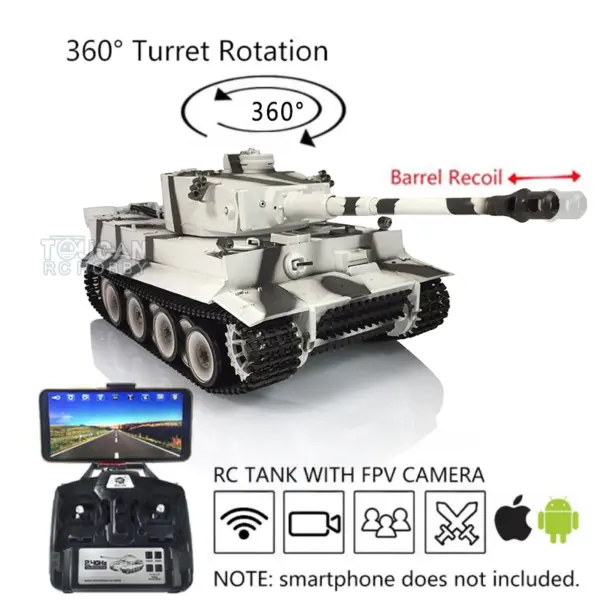 Henglong 1/16 7.0 Plastic Tiger I RC Tank 3818 w/ 360Degrees Rotating Turret Barrel Recoil FPV Phone Holder Steel Gearbox Engine Sound