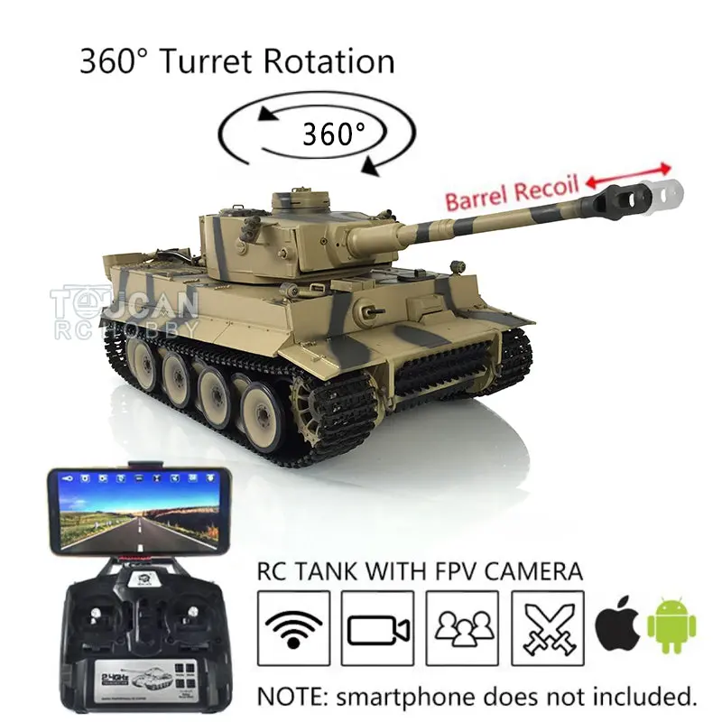 Henglong 1/16 7.0 Plastic Tiger I RC Tank 3818 w/ 360Degrees Rotating Turret Barrel Recoil FPV Phone Holder Steel Gearbox Engine Sound