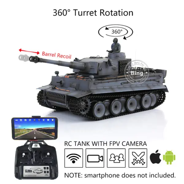 Henglong 1/16 7.0 Plastic Tiger I RC Tank 3818 w/ 360Degrees Rotating Turret Barrel Recoil FPV Phone Holder Steel Gearbox Engine Sound