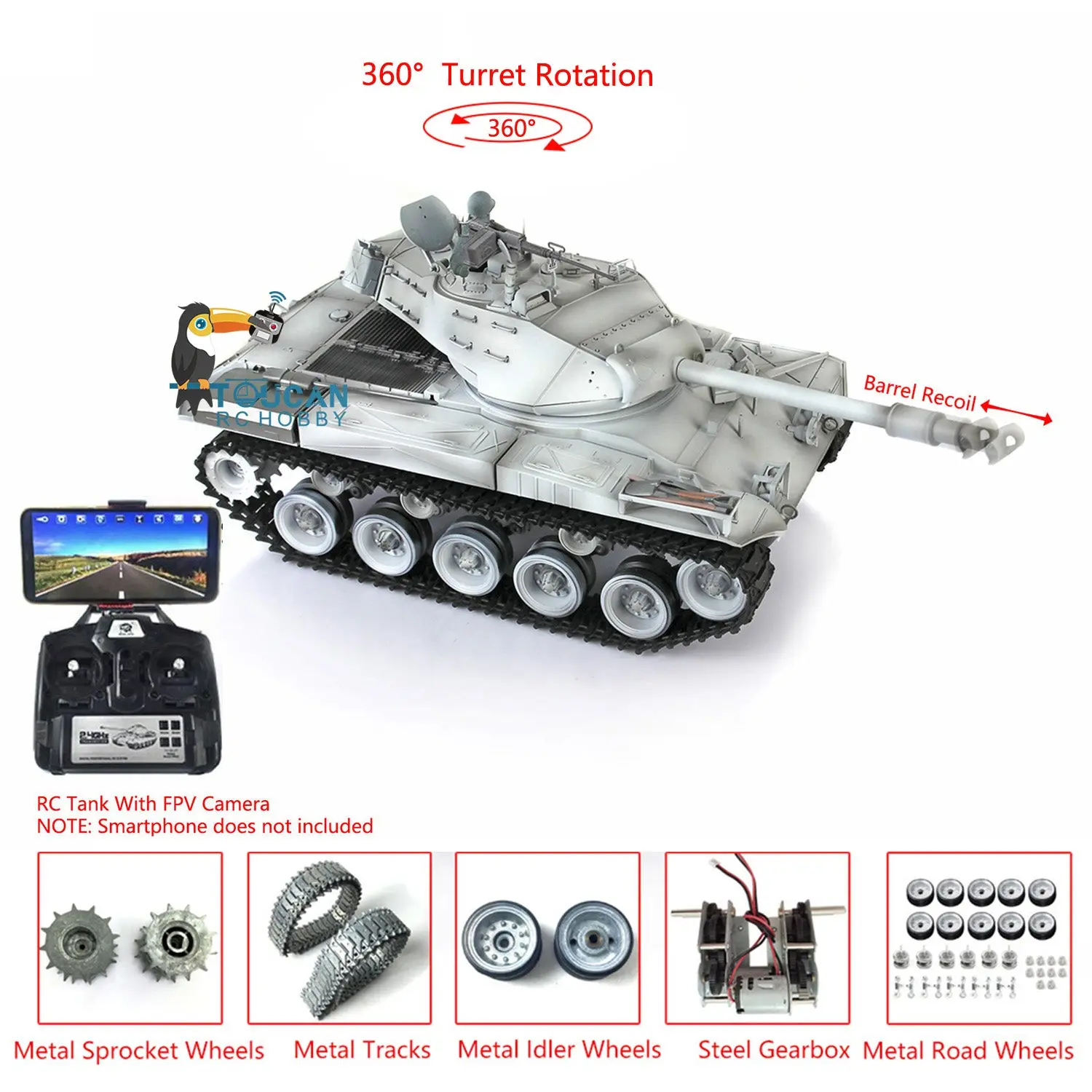 Henglong 1/16 Customized RC Tank 3839 Walker Bulldog RTR Tank w/ Barrel Recoil 360Degrees Rotating Turret FPV Phone Holder Sound Effect