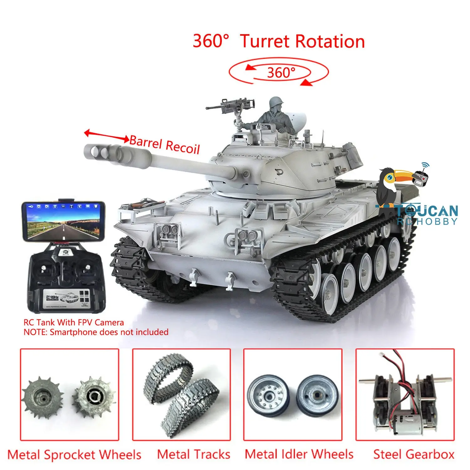 Henglong 1/16 7.0 Upgraded RC Tank 3839 Walker Bulldog w/ 360Degrees Rotating Turret Barrel Recoil Metal Tracks Sproket FPV Gearbox