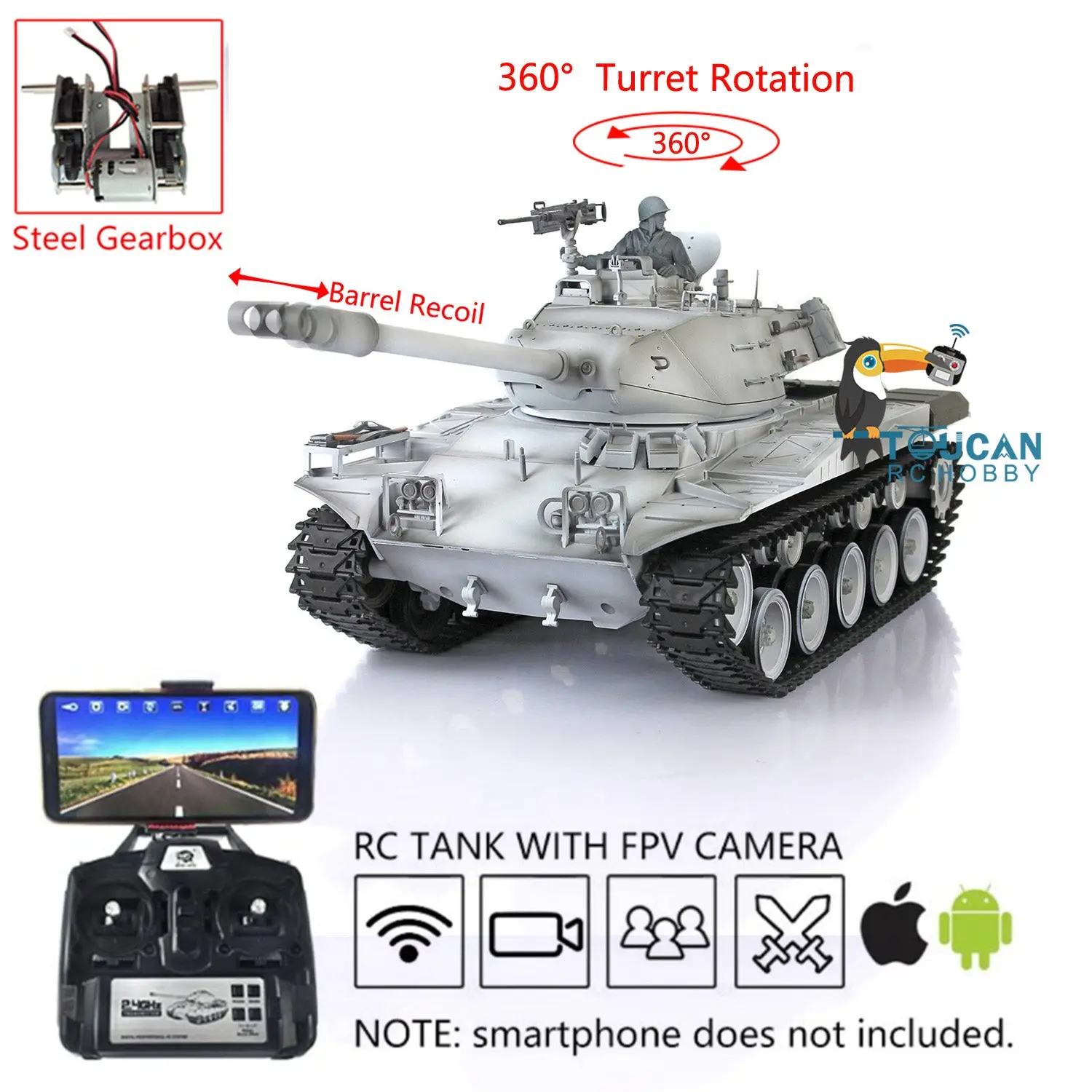 Henglong 1/16 RC Tank Plastic Walker Bulldog 3839 Radio Control Tank w/ 360Degrees Rotating Turret Steel Gearbox FPV Barrel Recoil