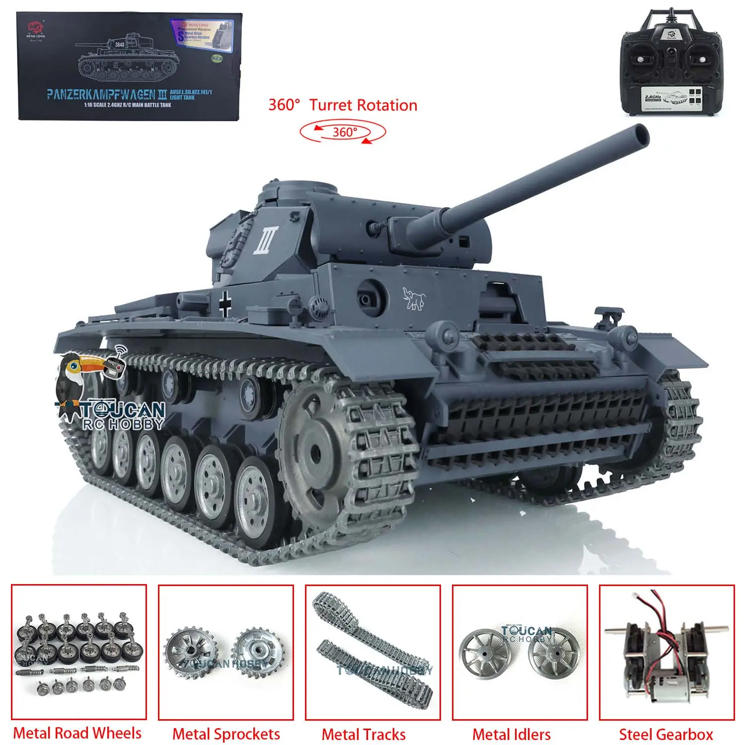 Henglong 1/16 7.0 Customized Panzer III L RTR RC Tank 3848 w/ 360Degrees Rotating Turret Metal Tracks Idler Sproket Road Wheels