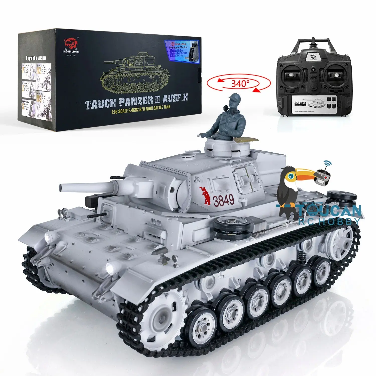 Henglong 1/16 RC Tank 3849 Plastic 7.0 Panzer III H Remote Control Tank w/ Turret Smoking Gearbox Engine Sound Road Wheels