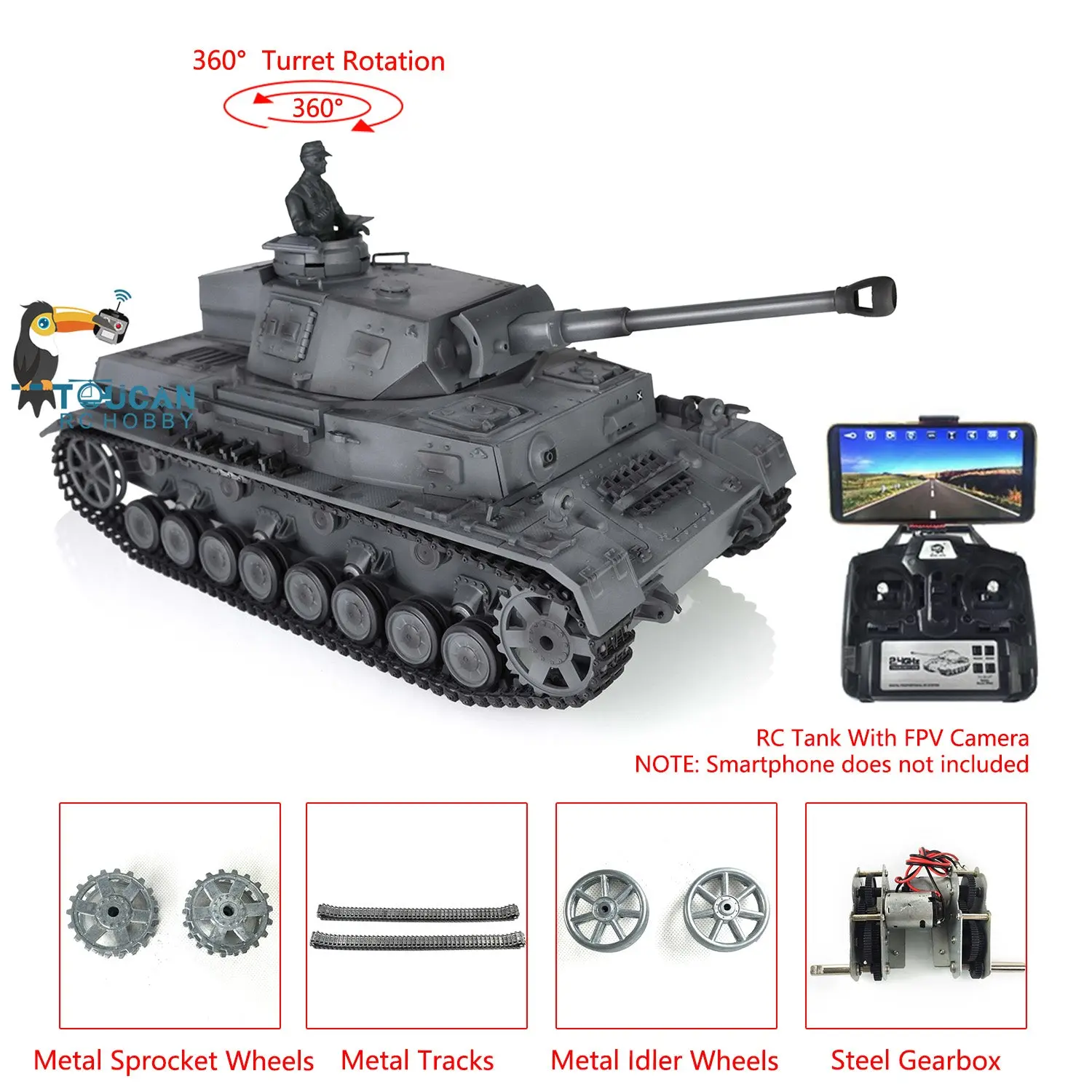 Henglong 1/16 7.0 Upgraded Panzer IV F2 Radio Control Tank 3859 w/ FPV 360Degrees Rotating Turret Metal Idler Sproket Wheel Engine Sound