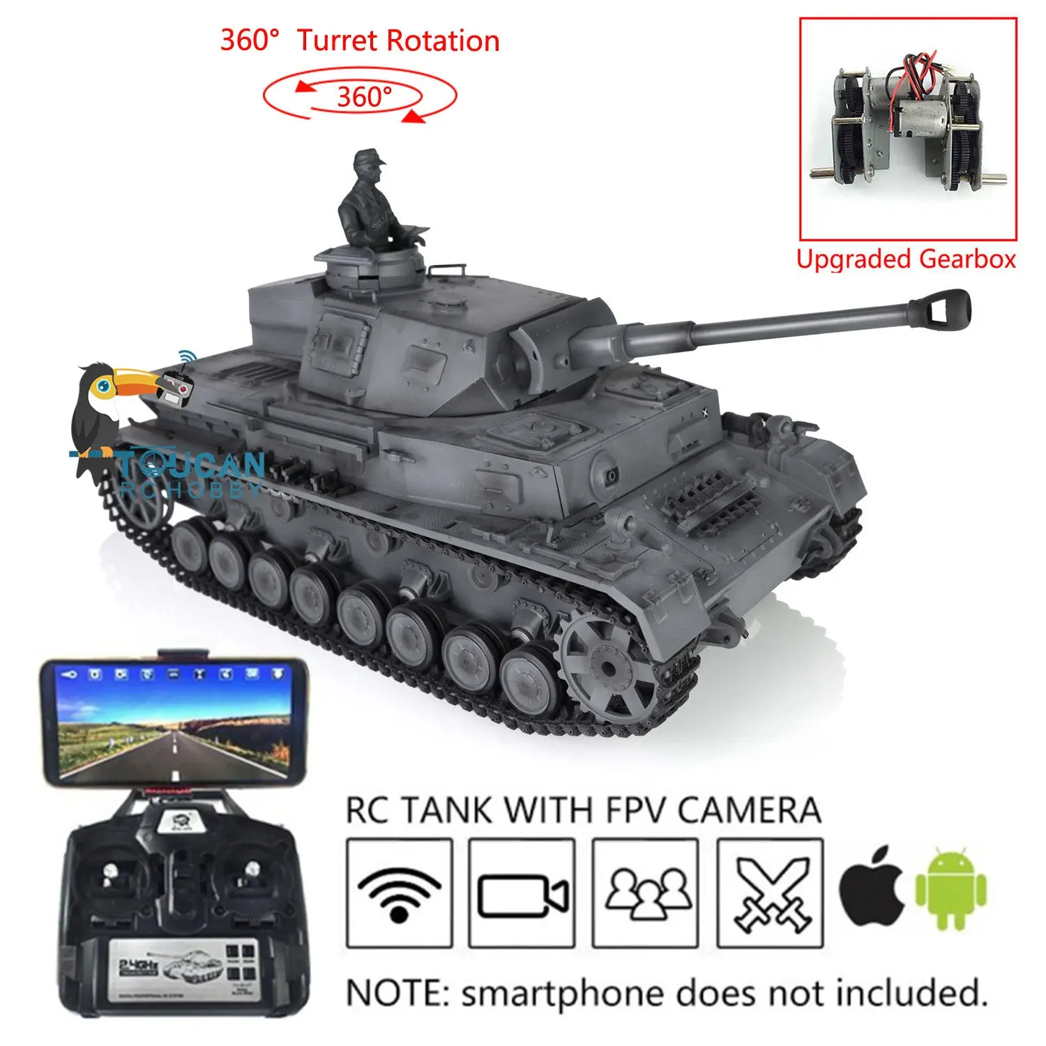 Henglong 1/16 7.0 Radio Control Tank 3859 RC Plastic German Panzer IV F2 w/ Steel Gearbox 360Degrees Rotating Turret FPV Engine Sound