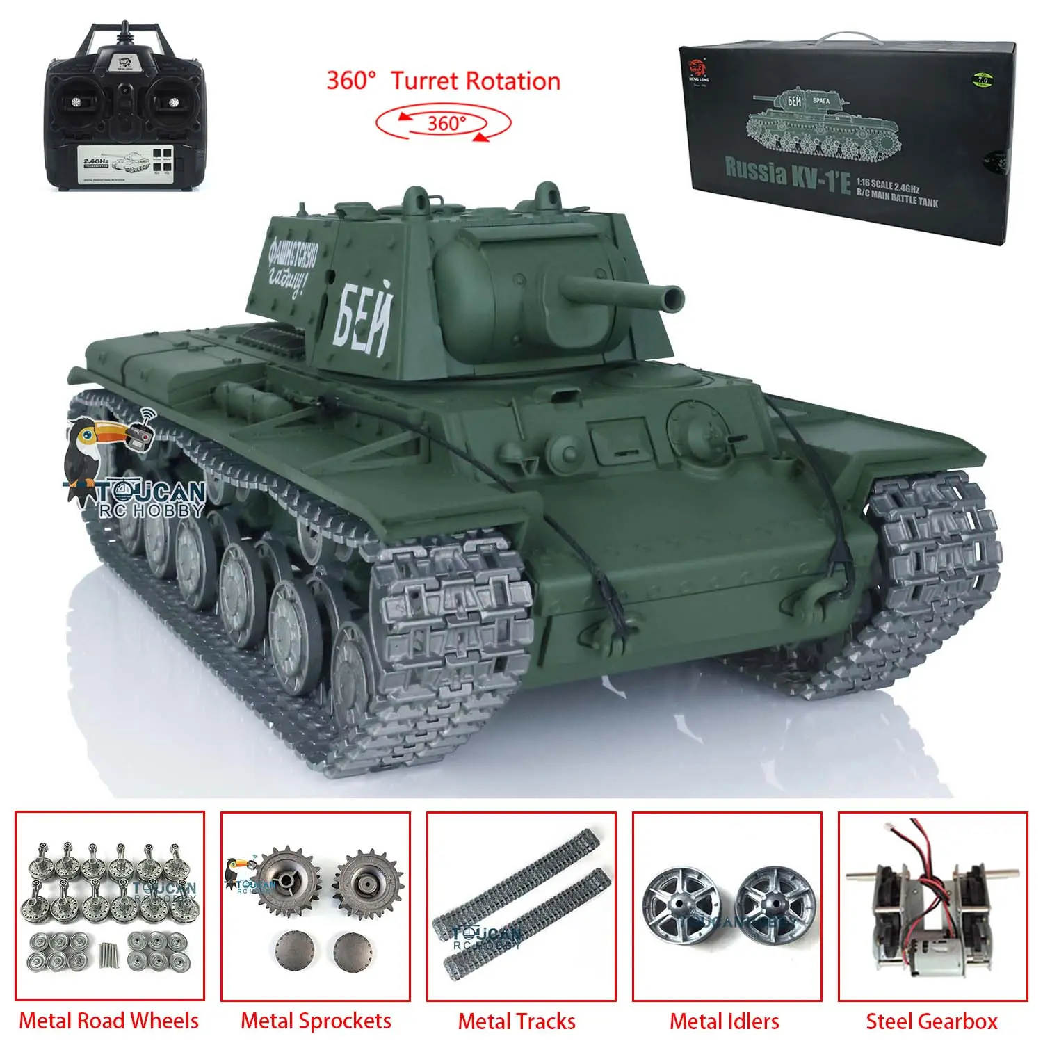 Henglong 1/16 7.0 RC Tank 3878 Customized Soviet KV-1 w/ 360Degrees Rotating Turret Metal Tracks Road Wheels Tracks Idler Sproket Wheel
