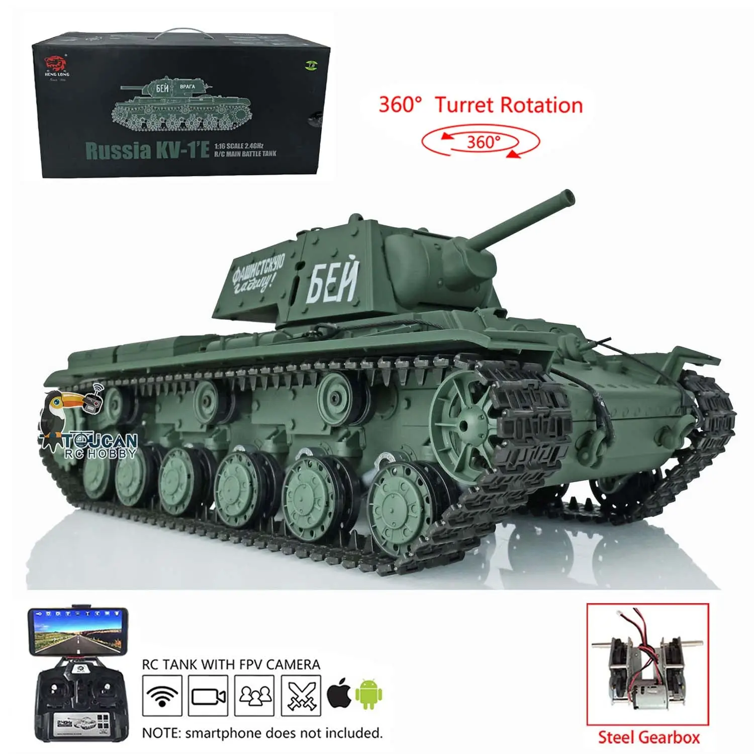 Henglong RC Tank 1/16 7.0 Plastic 3878 Soviet Union KV-1 w/ FPV 360Degrees Rotating Turret Steel Gearbox BB Shooting Sound Effect 2.4Ghz