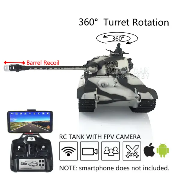 Henglong 1/16 Radio Control Tank 7.0 King Tiger RC Tank 3888A w/ FPV Barrel Recoil 360Degrees Rotating Turret Metal Road Wheels Smoking