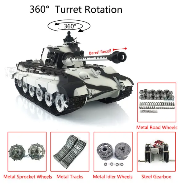 Henglong 1/16 RC Tank 3888A 7.0 King Tiger Remote Control Tank w/ 360Degrees Rotating Turret Metal Road Wheel Barrel Recoil Engine Sound