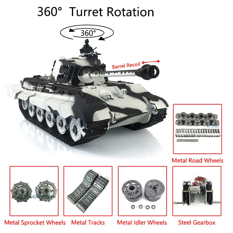 Henglong 1/16 RC Tank 3888A 7.0 King Tiger Remote Control Tank w/ 360Degrees Rotating Turret Metal Road Wheel Barrel Recoil Engine Sound