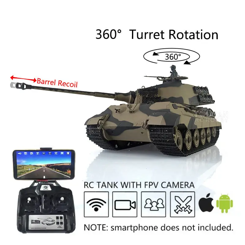 Henglong 1/16 Radio Control Tank 7.0 King Tiger RC Tank 3888A w/ FPV Barrel Recoil 360Degrees Rotating Turret Metal Road Wheels Smoking