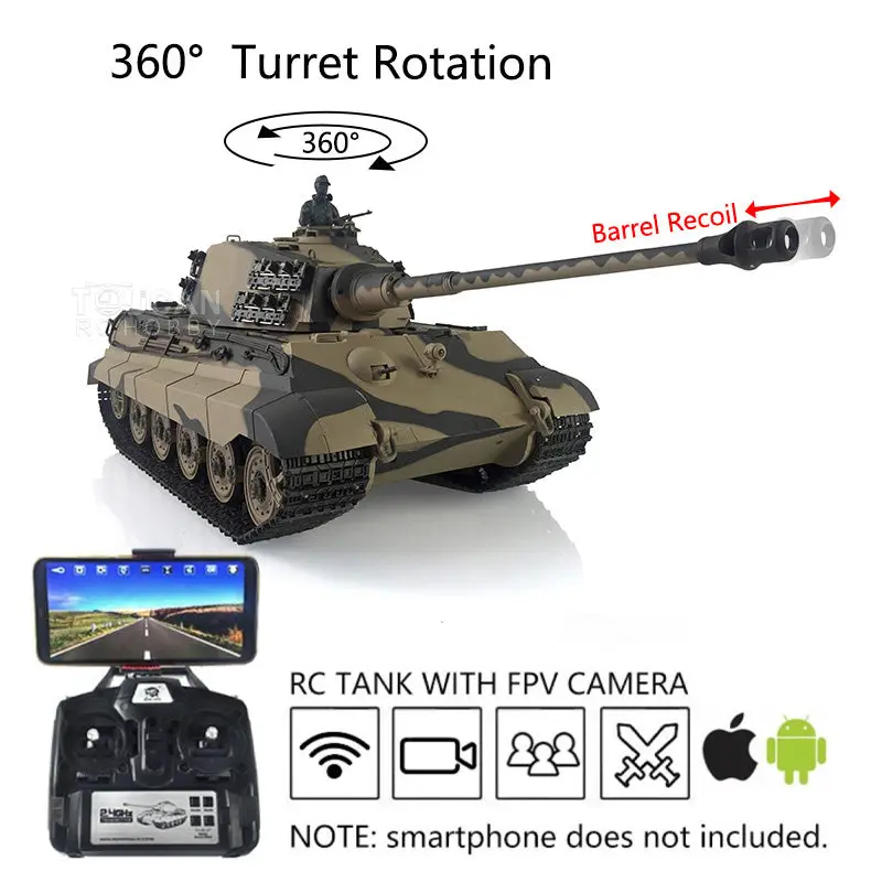 Henglong 7.0 1/16 Scale Upgraded RC Tank 3888A German King Tiger w/ 360Degrees Rotating Turret FPV Barrel Recoil Metal Tracks 2 Sound