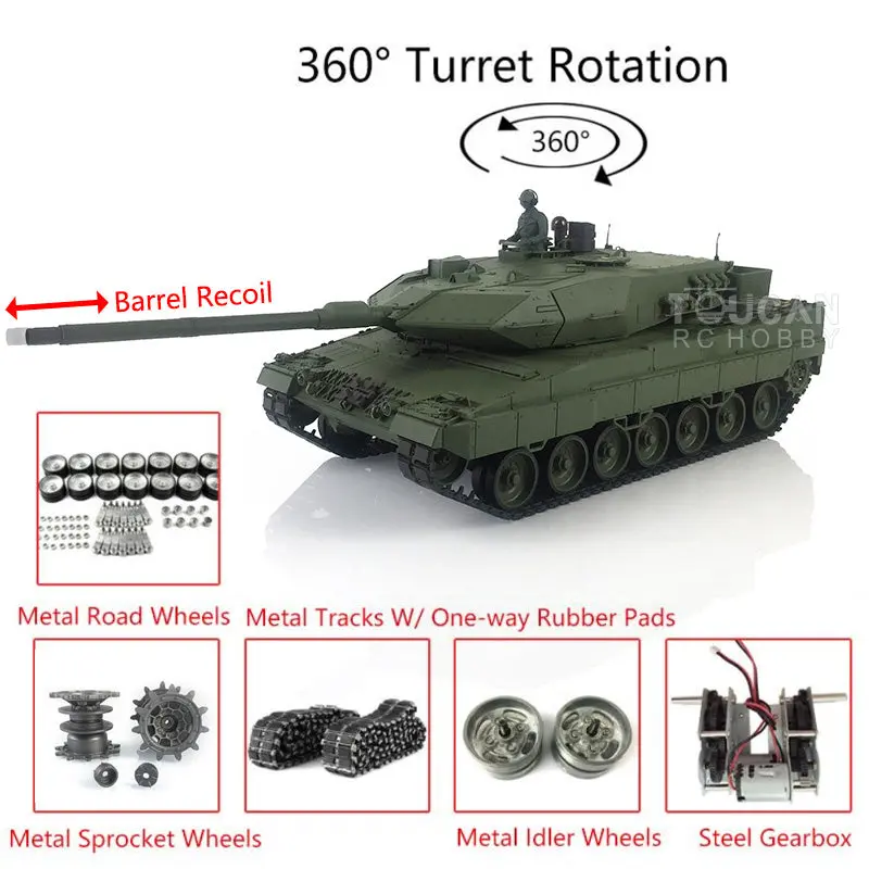 Henglong Military Tank 1/16 TK7.0 Leopard2A6 RC Tank Upgraded 3889 Barrel Recoil 360 Rotating Turret Metal Tracks W/ Rubber Pad