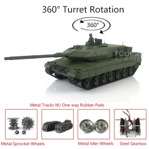 Henglong 1/16 TK7.0 German Leopard2A6 Military RC Tank 3889 W/ 360Degrees Rotating Turret Metal Tracks Sprocket Hobby Grade Collection