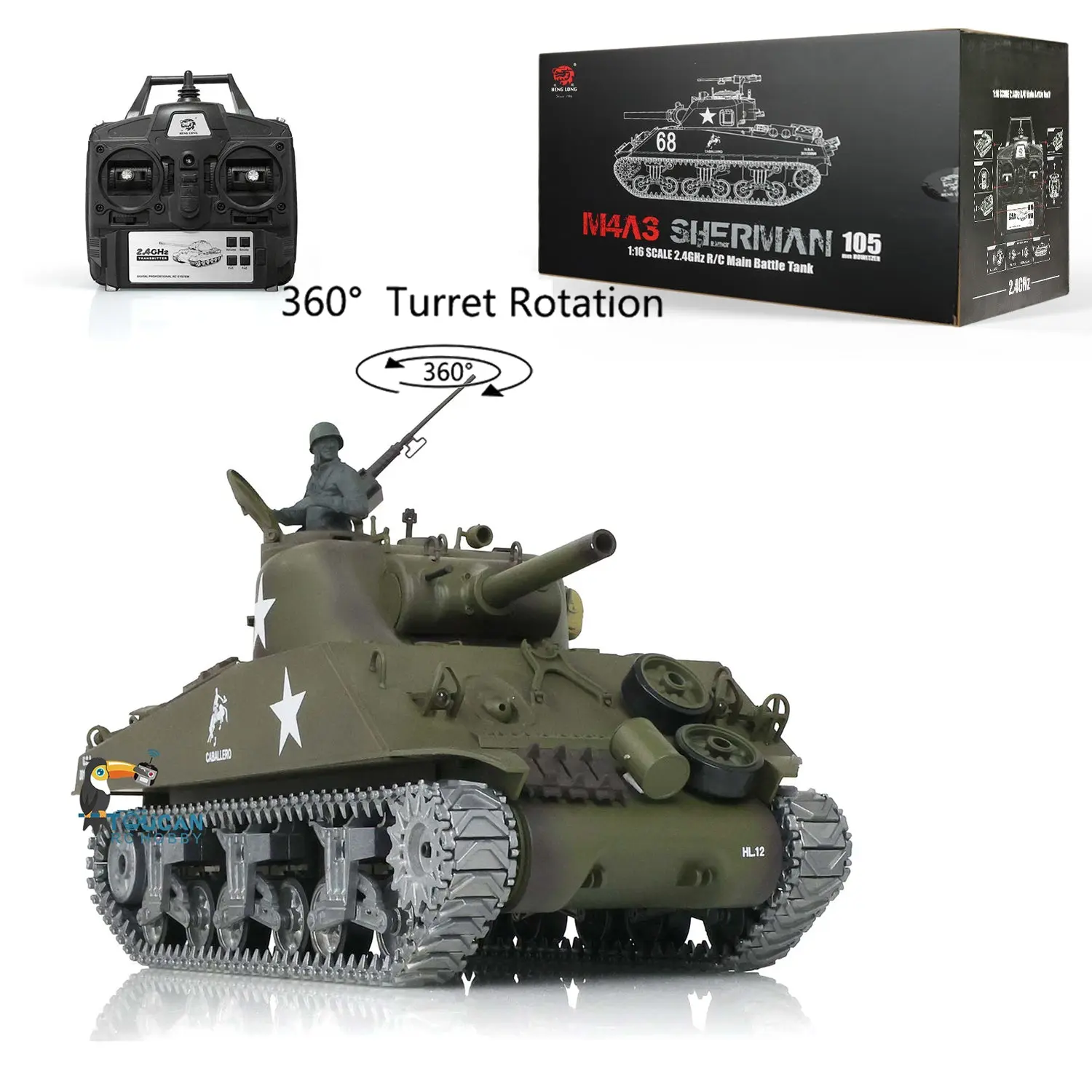 Henglong 1/16 RC Tank Customized TK7.0 M4A3 Sherman Remote Control Tank 3898 w/ 360Degrees Rotating Turret Metal Road Wheel Tracks