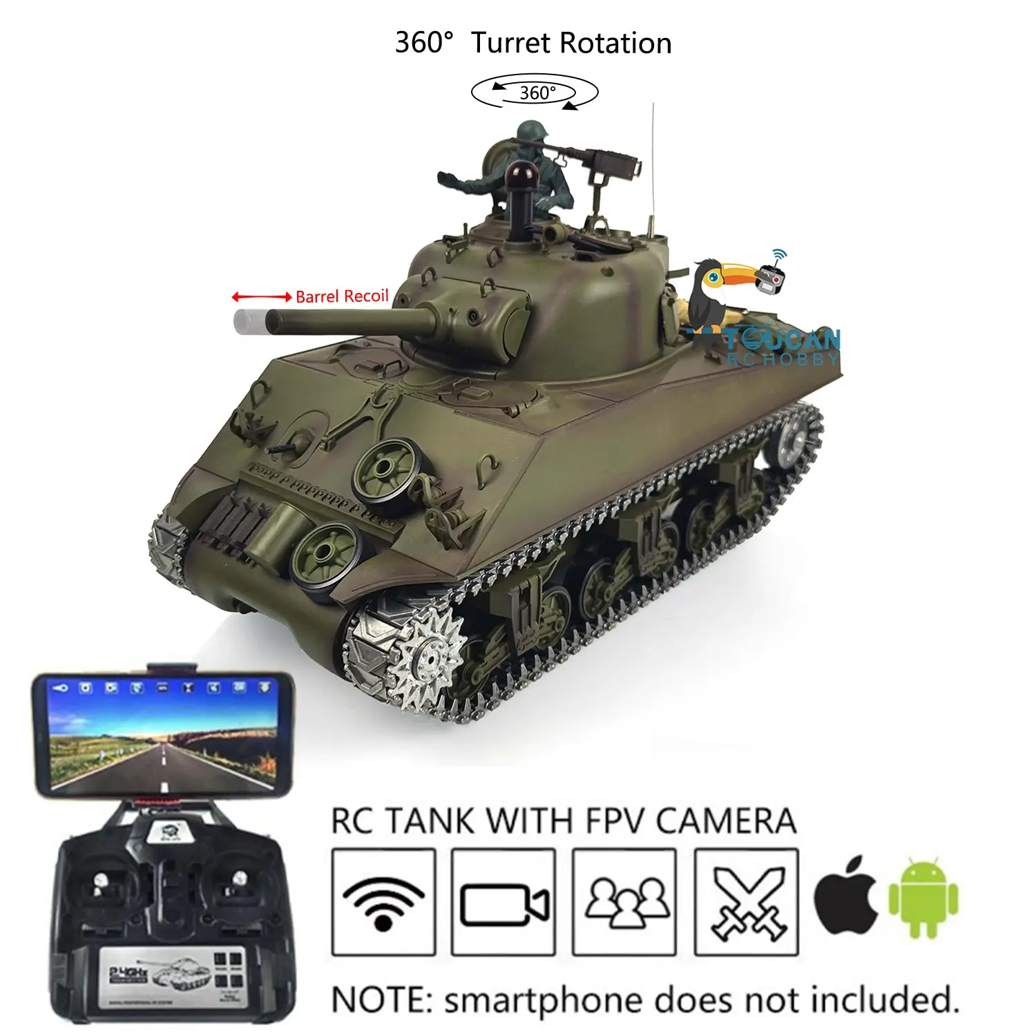 Henglong 1/16 FPV 7.0 M4A3 Sherman RTR RC Tank 3898 w/ 360Degrees Rotating Turret Barrel Recoil FPV Camera Metal Tracks Engine Sound