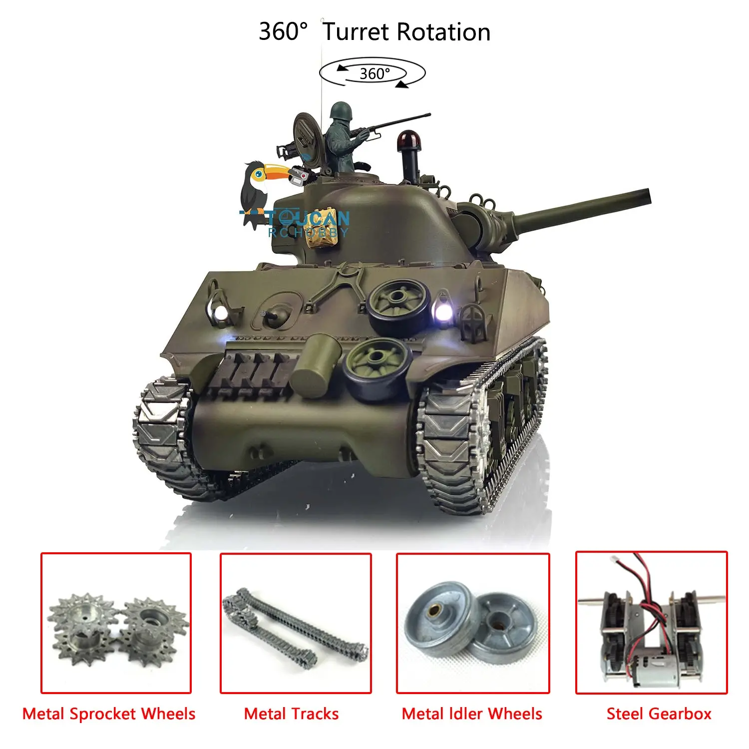 Henglong 1/16 Scale 7.0 Upgraded M4A3 Sherman Remote Control Tank 3898 W/ 360Degrees Rotating Turret Metal Tracks Idler Sproket Wheel