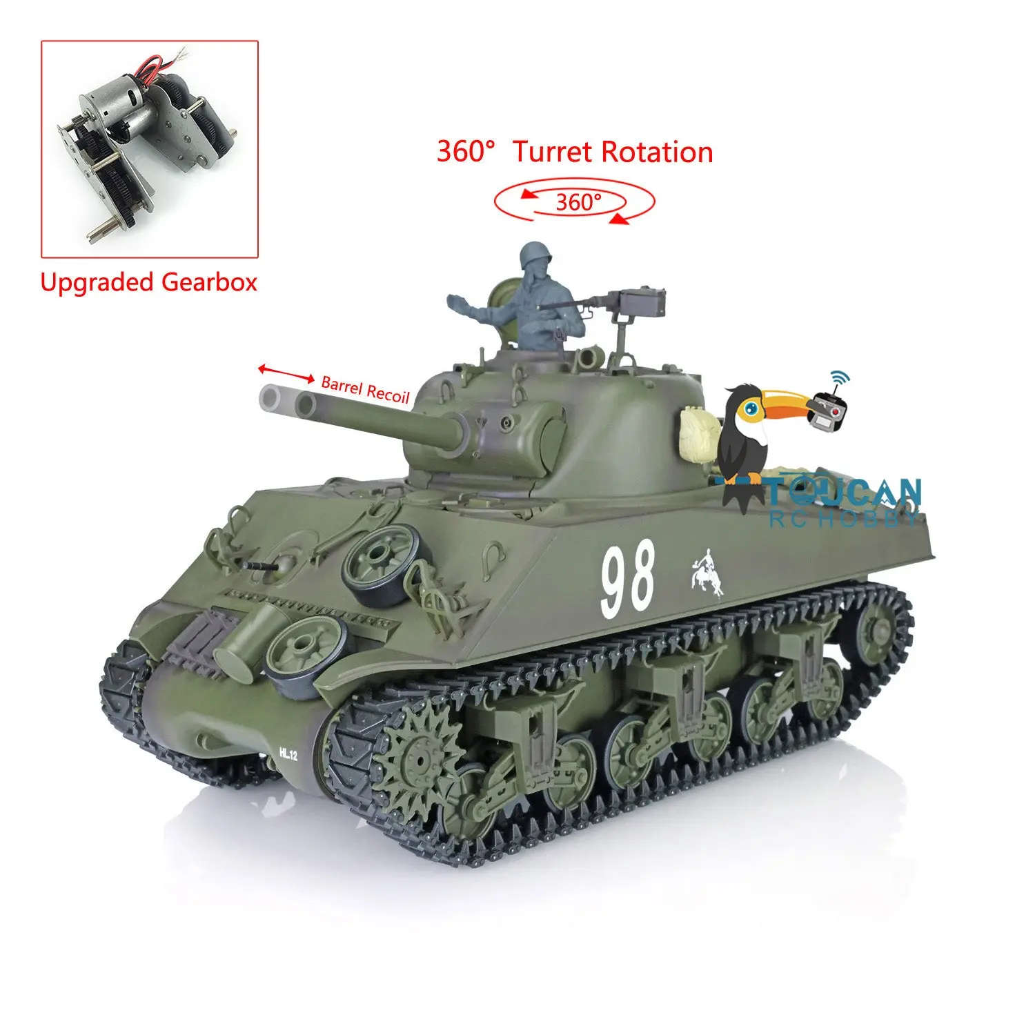 Henglong 1/16 7.0 RC Tank Plastic M4A3 Sherman 3898 w/ 360Degrees Rotating Turret Barrel Recoil Remote Control Tank Outdoor Tank 2.4G
