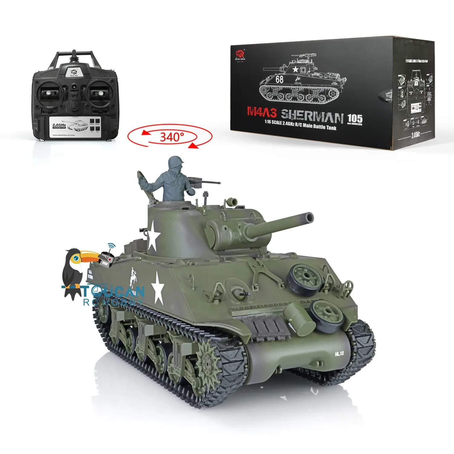 2.4G Henglong 1/16 7.0 Plastic M4A3 Sherman RTR RC Tank Model 3898 Barrel Recoil