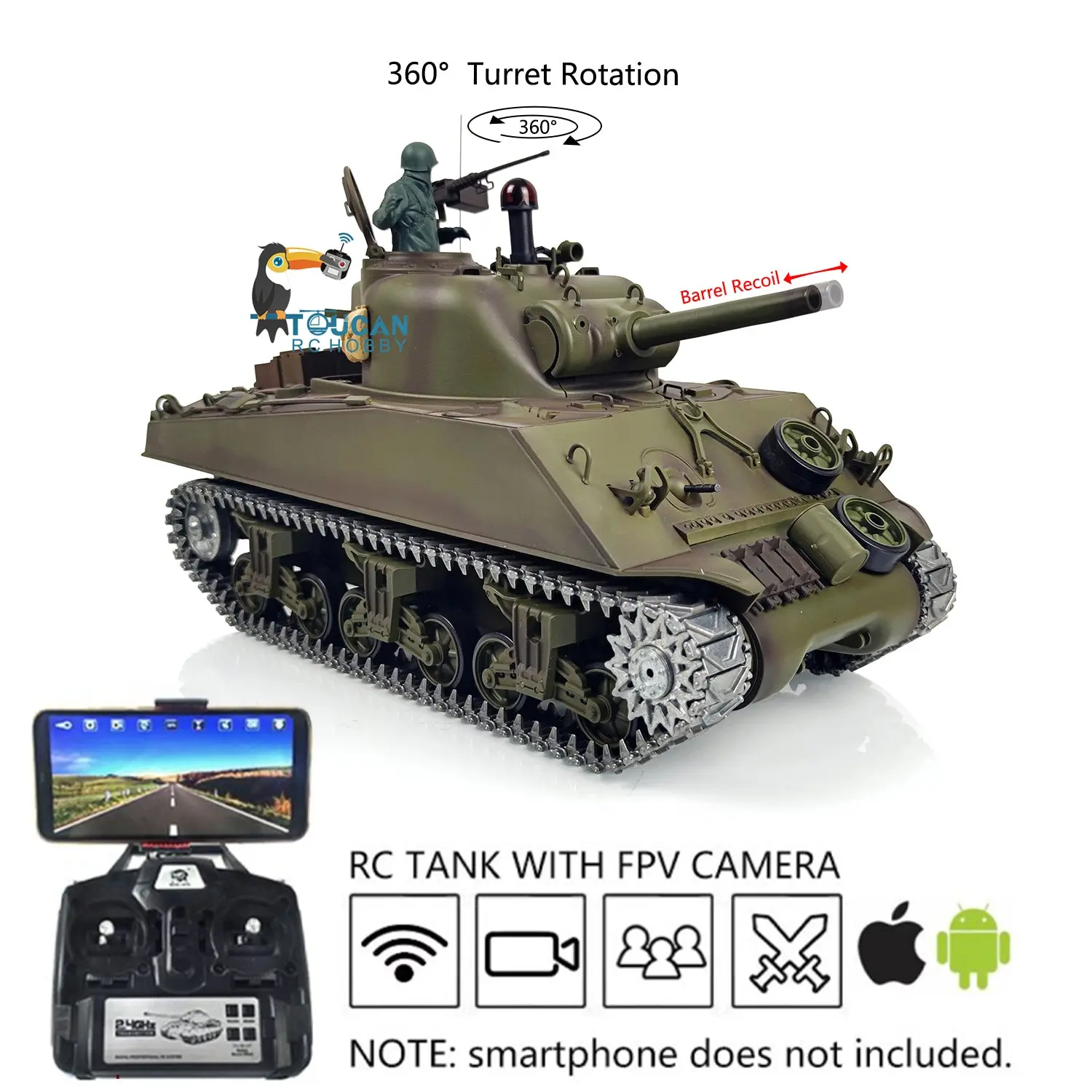 Henglong 1/16 FPV 7.0 M4A3 Sherman RTR RC Tank 3898 w/ 360Degrees Rotating Turret Barrel Recoil FPV Camera Metal Tracks Engine Sound