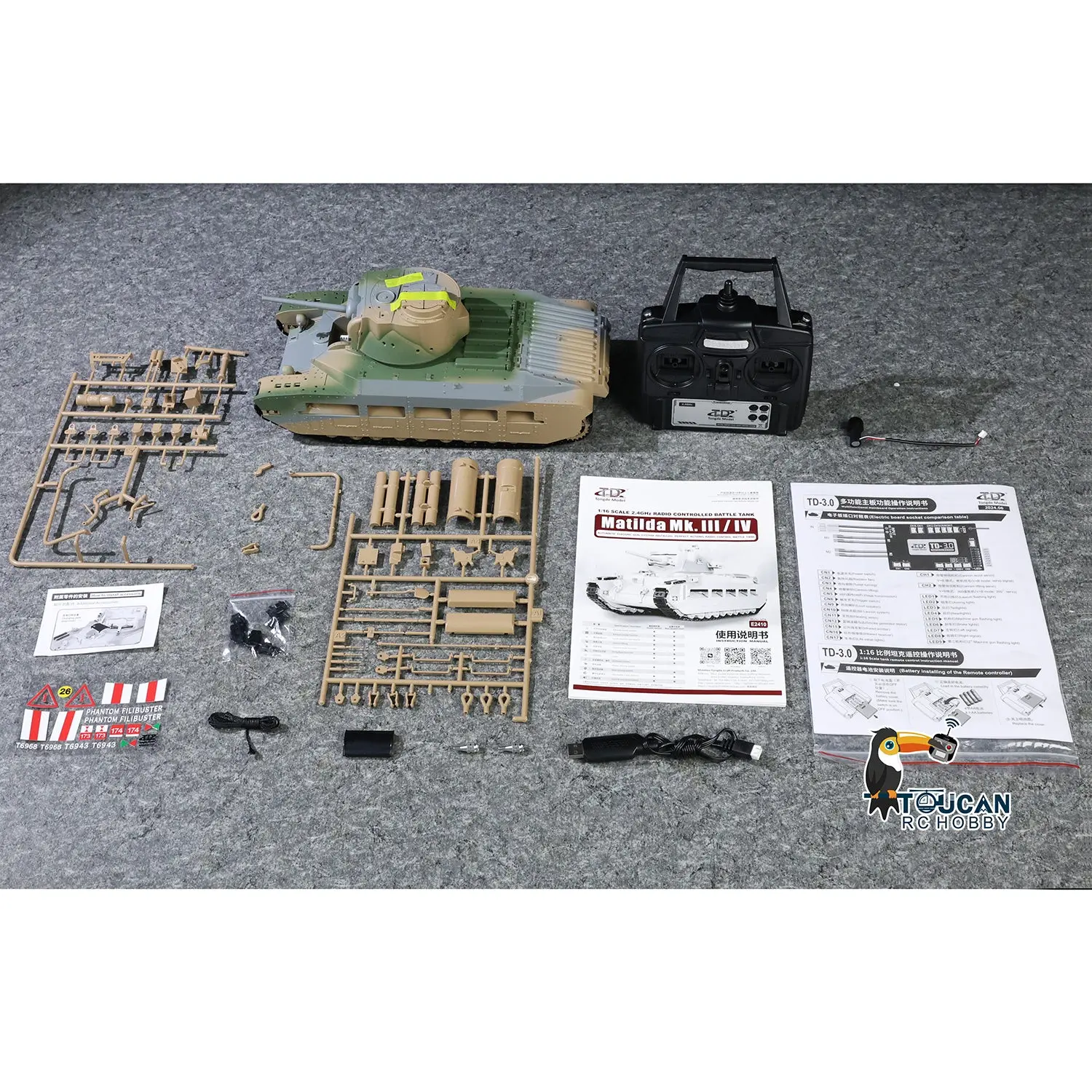 1/16 RC Tank Matilda III IV Tongde IR Turret Rotary 320 Degree Electric Remote Control Military Vehicle Metal Gearbox Road Wheel