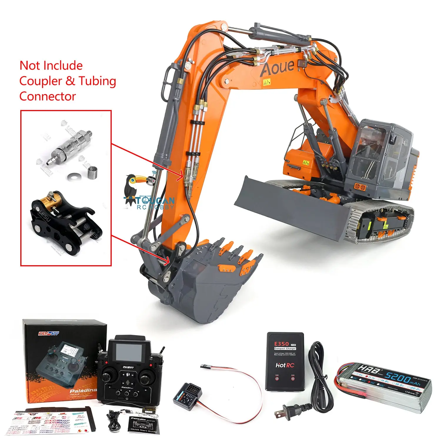 LESU Painted 1/14 Metal Aoue ET26L Hydraulic RC Excavator Three-section Ripper Bucket Tree Digging Tool Compactor Trailer Crusher