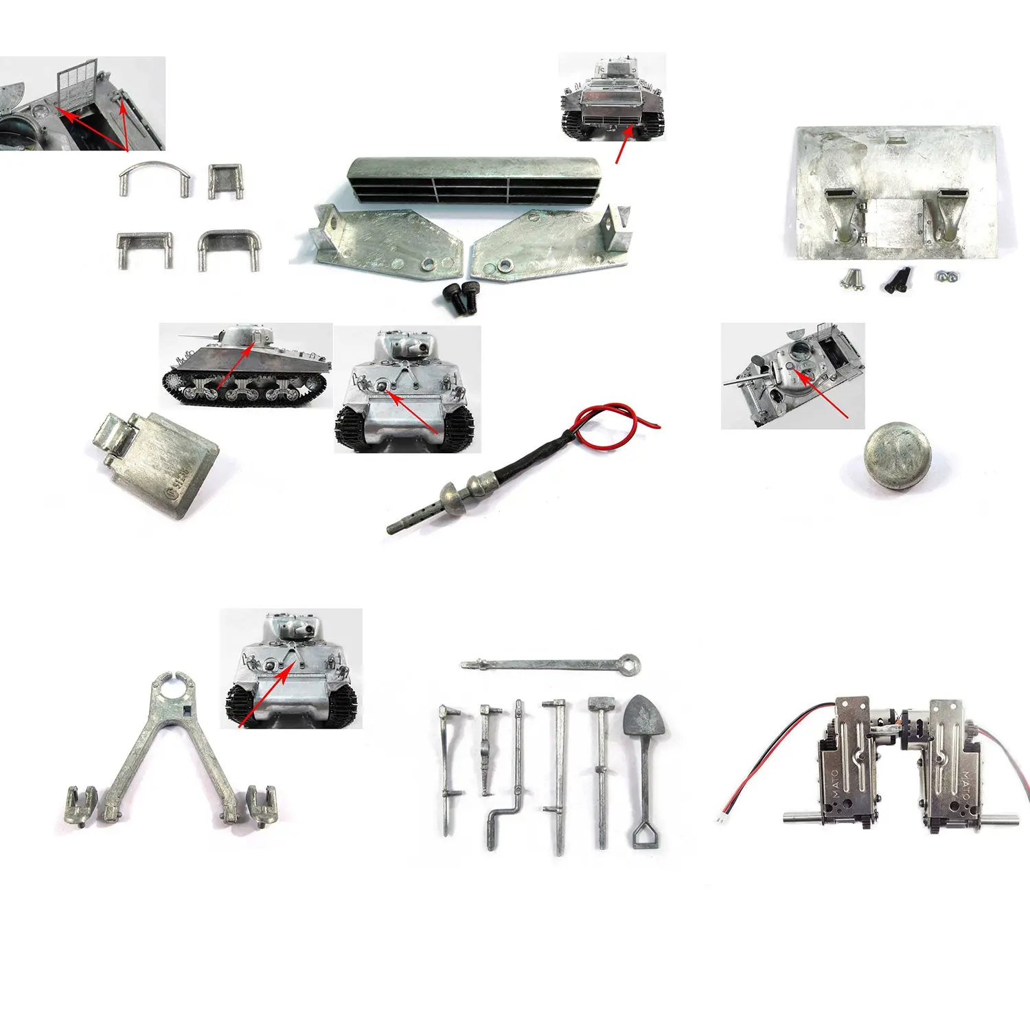 Mato 1/16 Sherman RTR Radio Controlled Tank Metal Tool Retaining Mounts Bearings Gearbox Exhaust Diffuser Turret Ventilator Parts