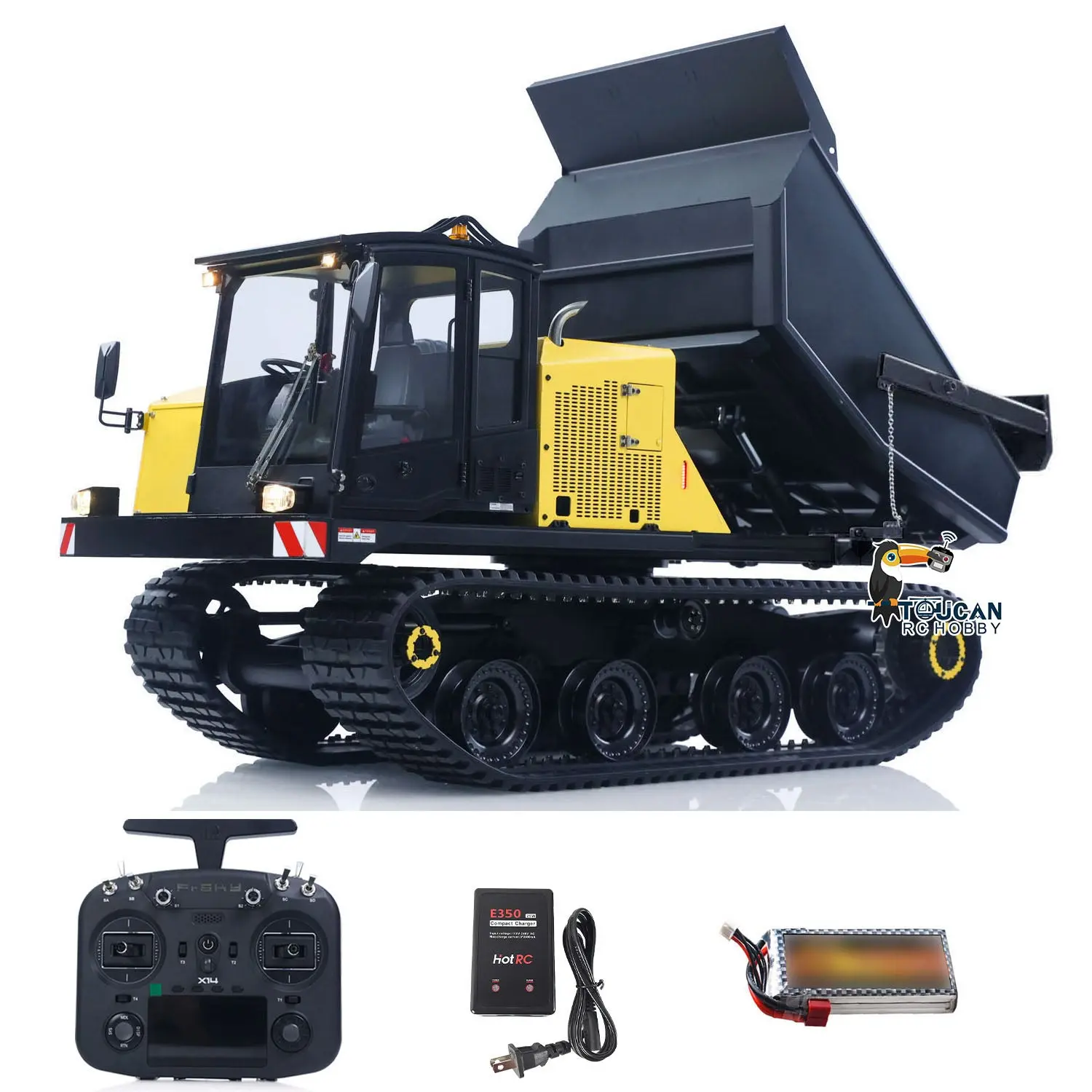 Super Frog 1/14 RC Hydraulic Crawler Dumper Truck T14R RTR Radio Controlled Metal Tracked Tipper Hydraulic Construction Vehicles Frsky X14 Light Electric Wiper