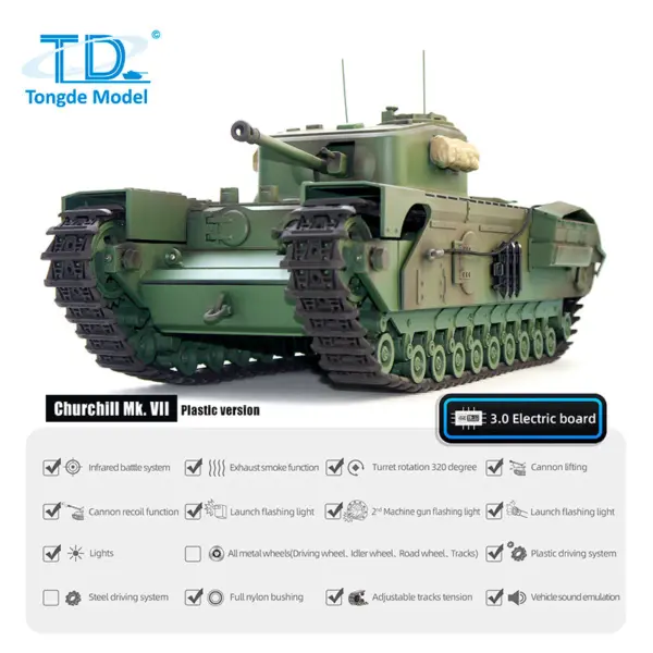 1/16 Tongde RC Battle Tank Churchill Mk.VII Remote Controlled Panzer Electric Infantry Fighting Vehicles Barrel Recoil System