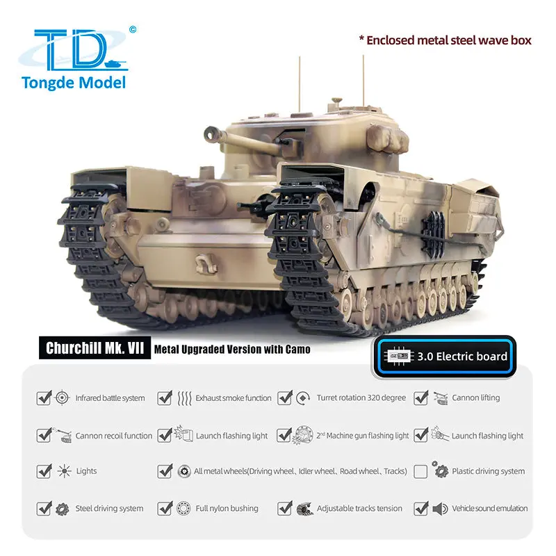 1/16 Military RC Battle Tank Churchill Mk.VII Metal Tracks Tongde Electric Tanks Painted Assembled Barrel Recoil Smoke Unit